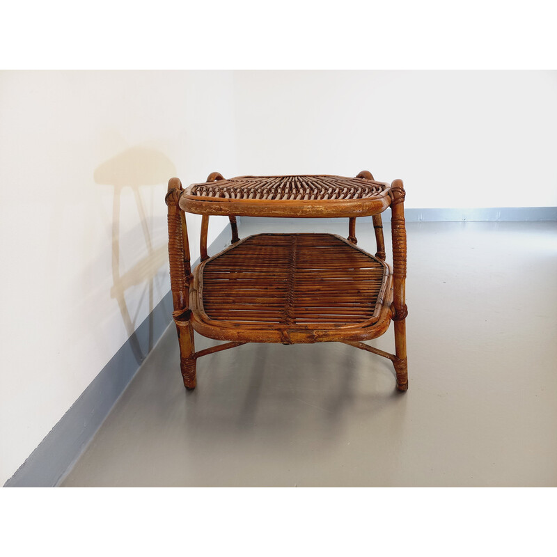 Vintage coffee table with rattan magazine rack, 1960