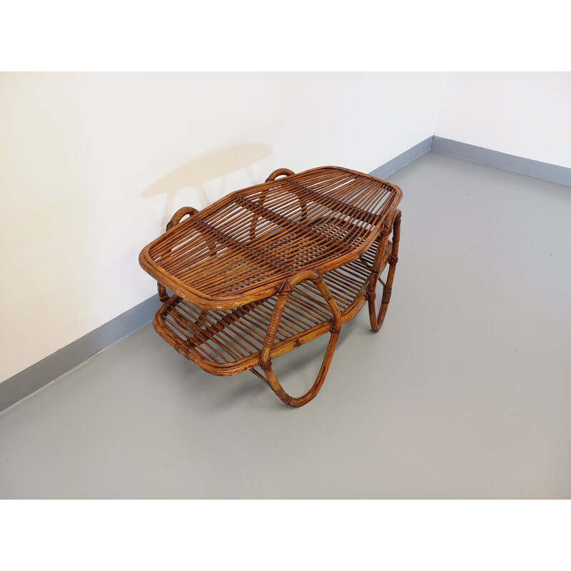 Vintage coffee table with rattan magazine rack, 1960