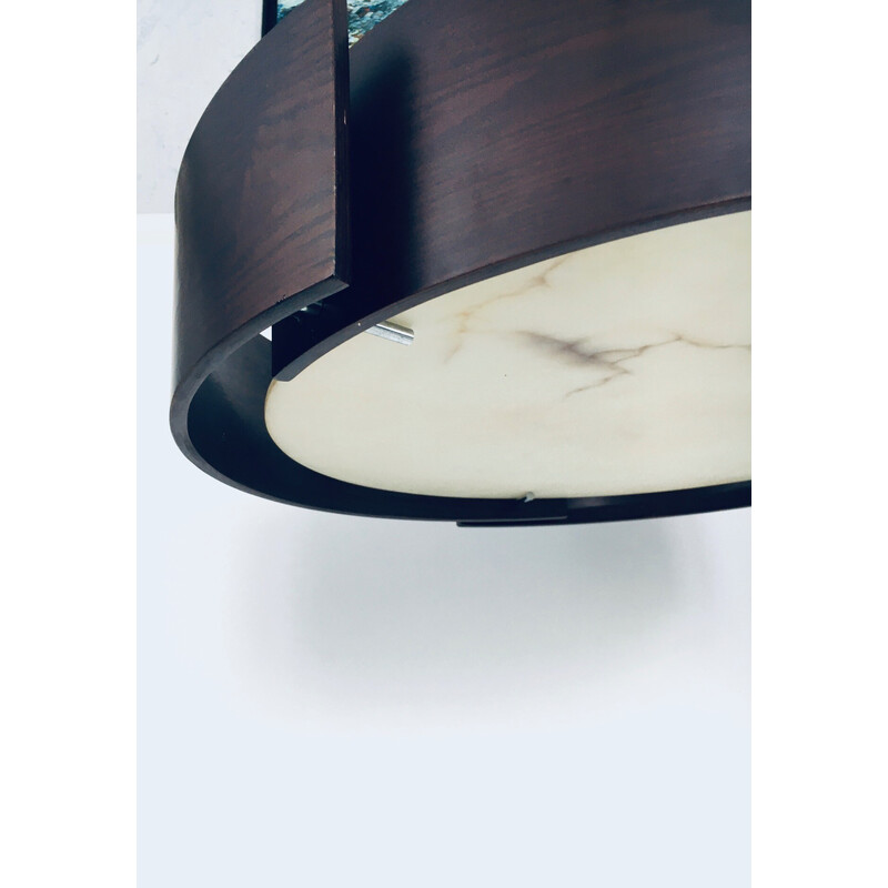 Lámpara colgante vintage redonda de madera curvada y mármol, años 80