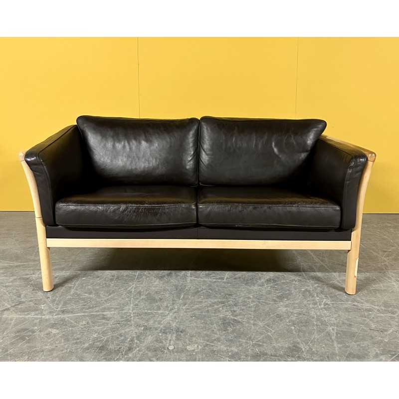 Dänisches 2-Sitzer-Sofa aus braunem Leder mit Holzgestell, 1970er Jahre