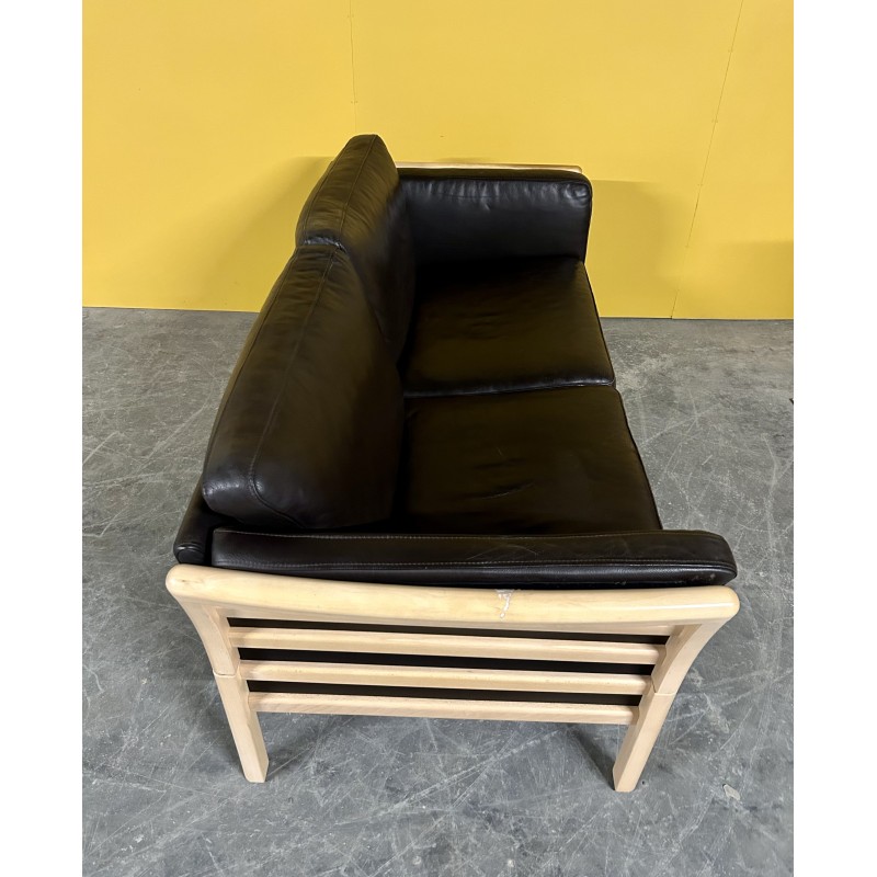 Danés vintage 2 plazas sofá de cuero marrón con marco de madera , 1970s
