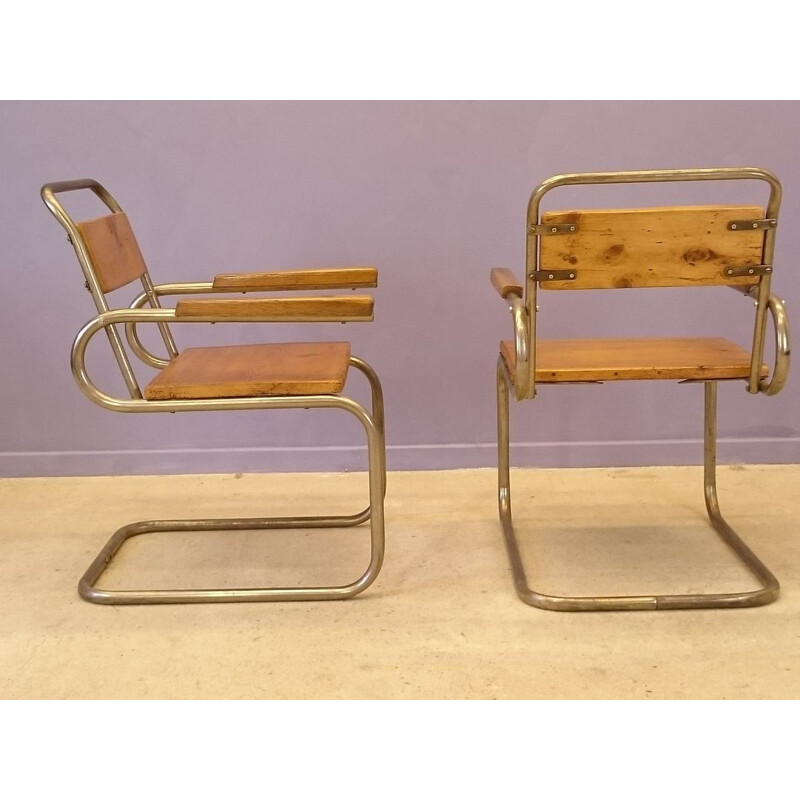 Pair of armchairs in wood and brushed steel -1940s