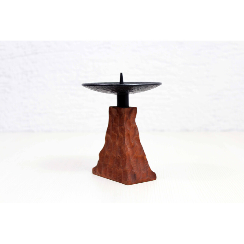 Vintage teak and metal Brutalist candlestick, 1960