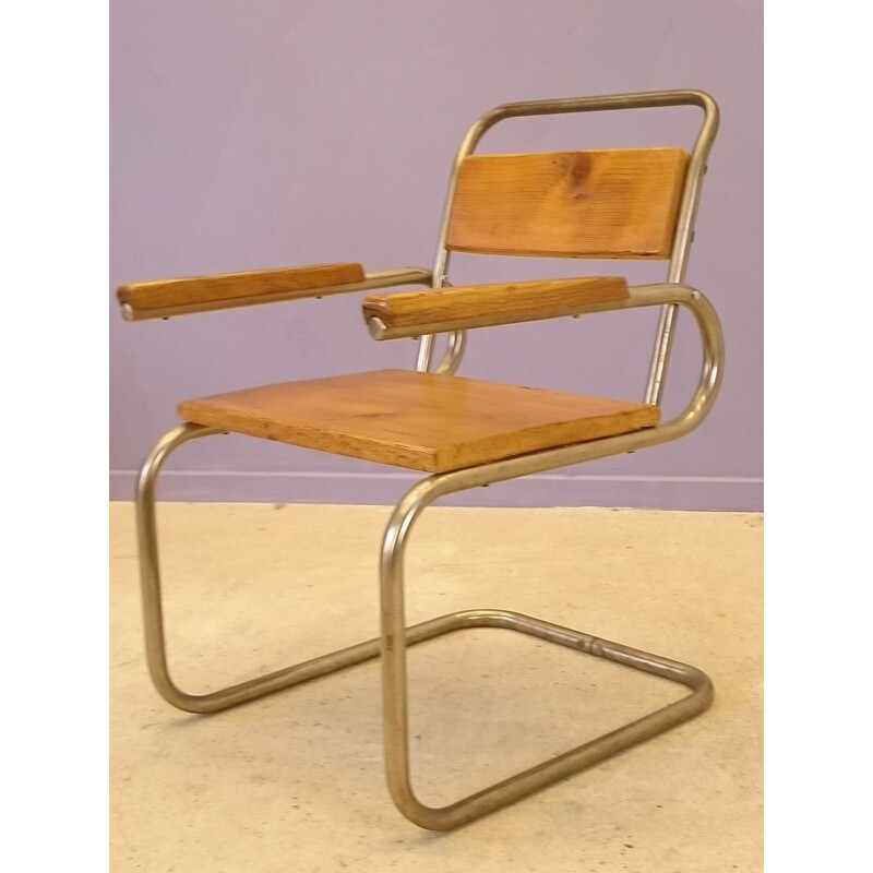 Pair of armchairs in wood and brushed steel -1940s