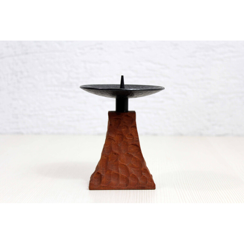 Vintage teak and metal Brutalist candlestick, 1960