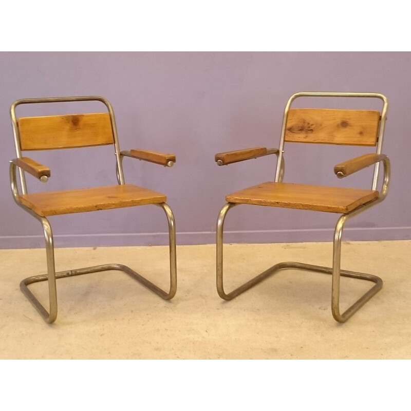 Pair of armchairs in wood and brushed steel -1940s