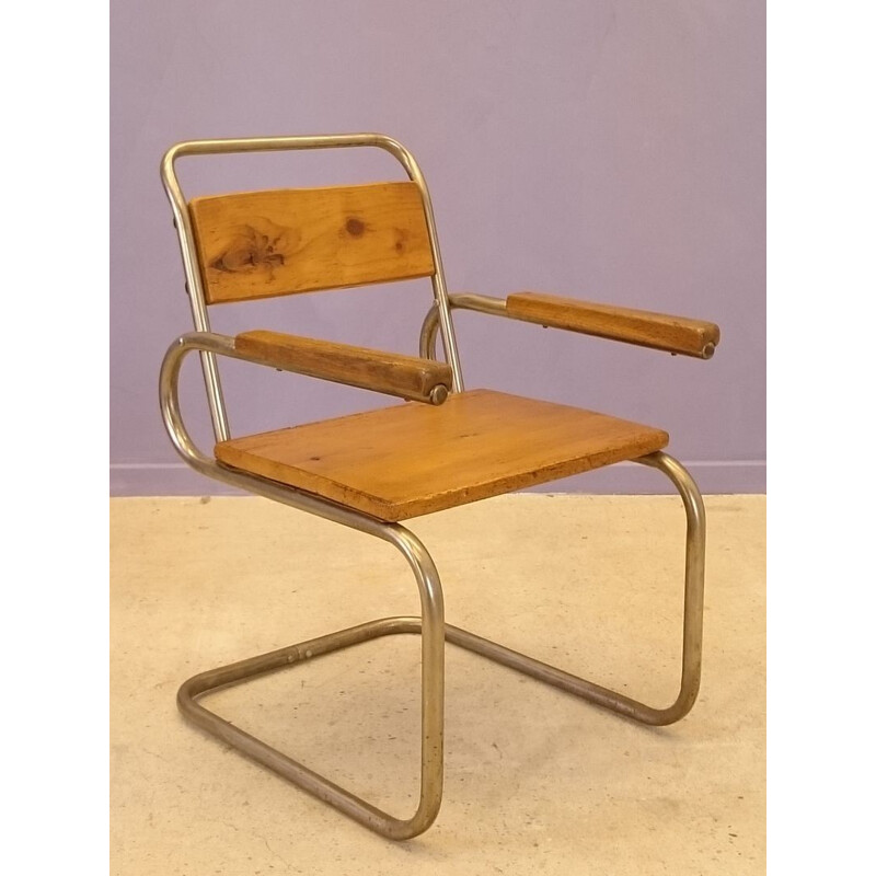 Pair of armchairs in wood and brushed steel -1940s