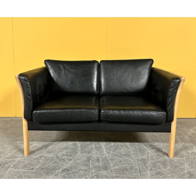 Danish vintage 2 seater black leather sofa with wooden frame, 1970s