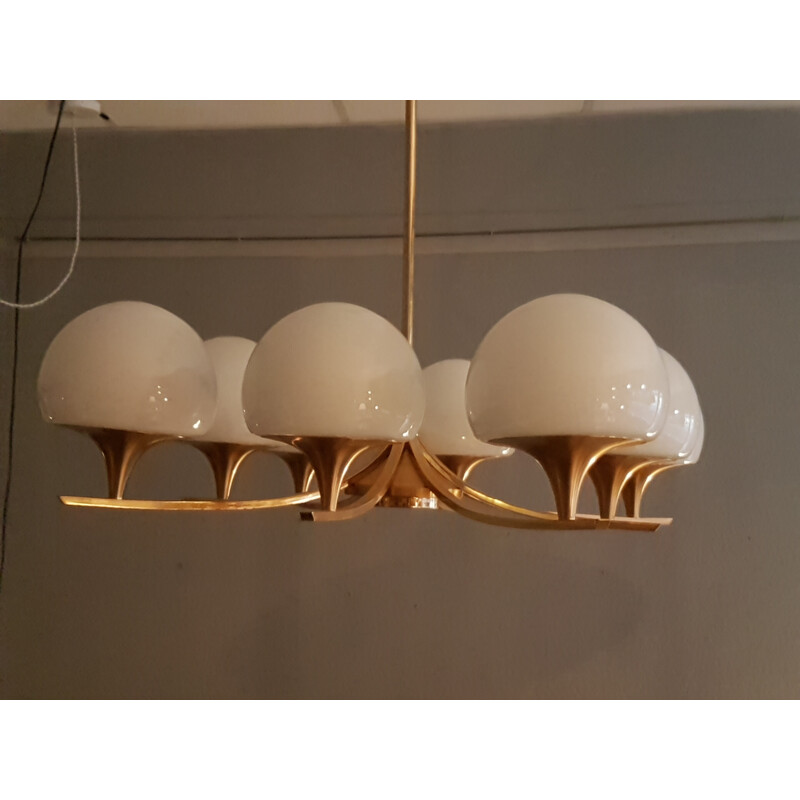 Vintage Italian brass and opal glass chandelier by Gaetano Sciolari