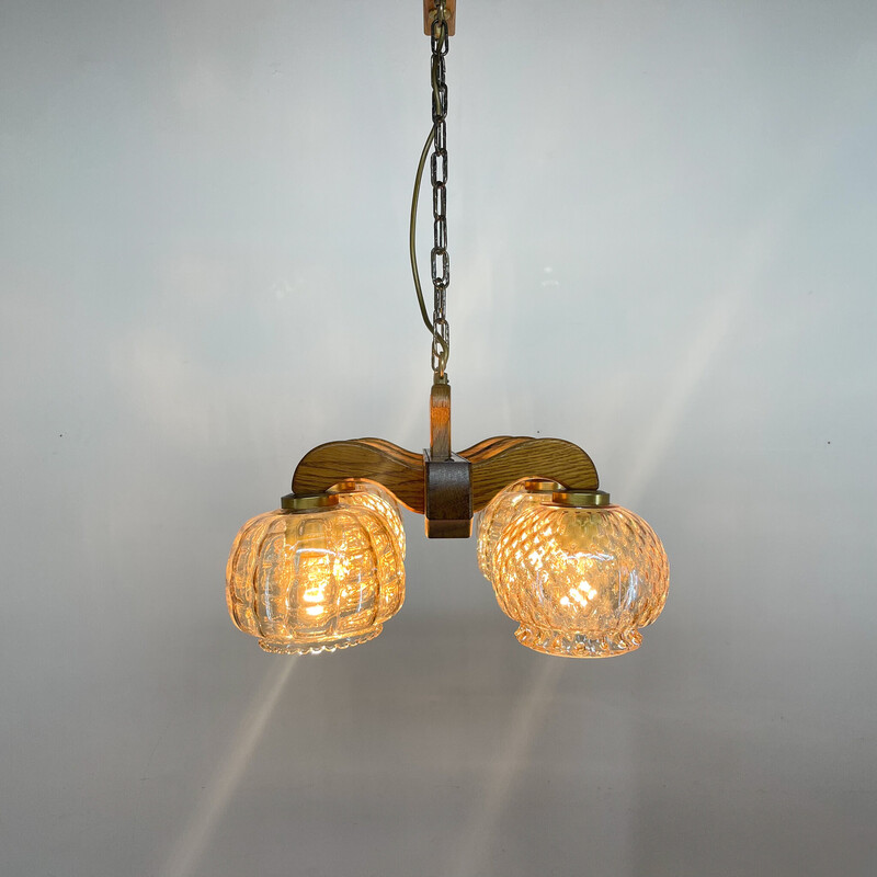 Vintage wood and glass chandelier, Czechoslovakia 1970s