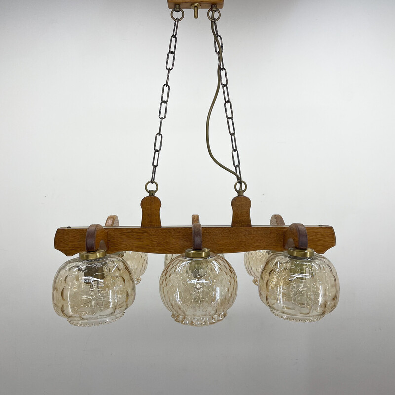 Vintage wood and glass chandelier, Czechoslovakia 1970s