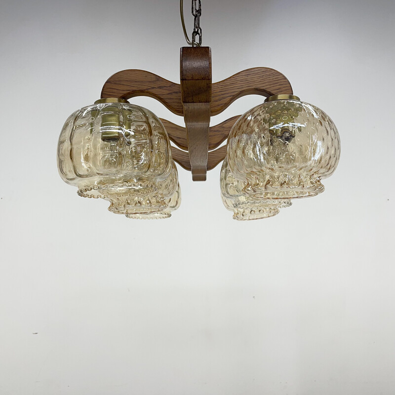 Vintage wood and glass chandelier, Czechoslovakia 1970s