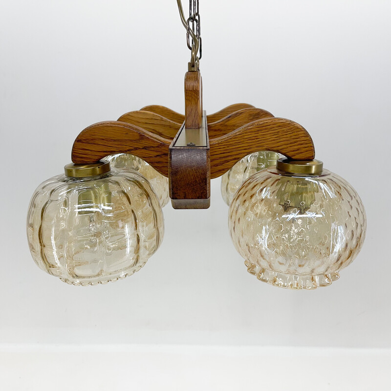 Vintage wood and glass chandelier, Czechoslovakia 1970s