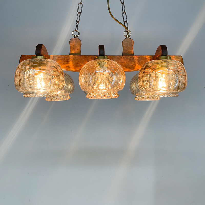 Vintage wood and glass chandelier, Czechoslovakia 1970s