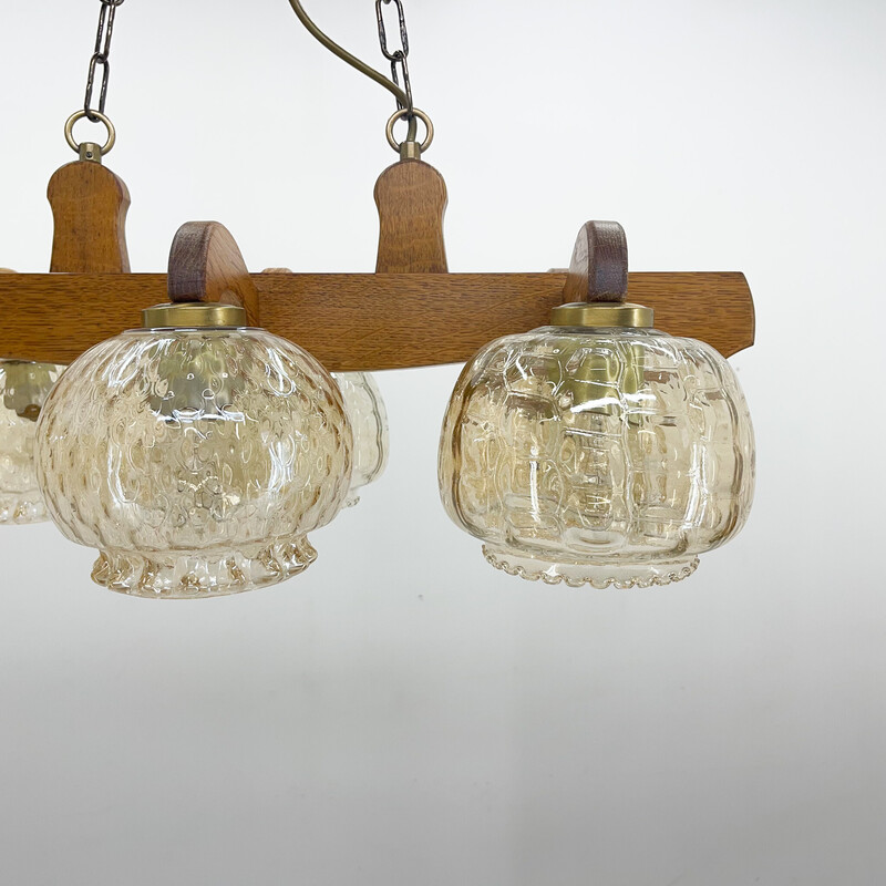 Vintage wood and glass chandelier, Czechoslovakia 1970s