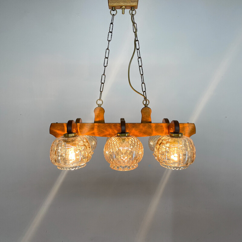 Vintage wood and glass chandelier, Czechoslovakia 1970s