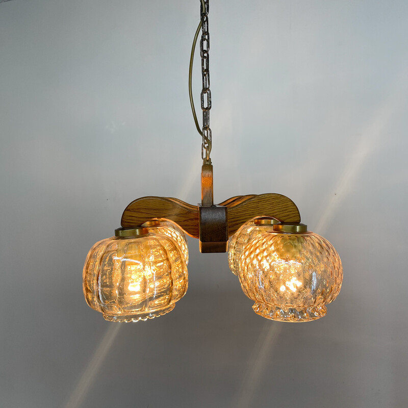 Vintage wood and glass chandelier, Czechoslovakia 1970s