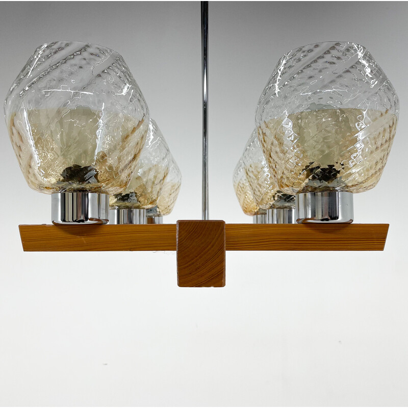 Lampadario vintage in legno, cromo e vetro di Elektroinstala Decin, anni '70