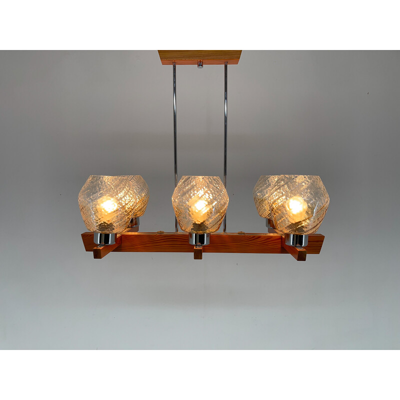 Lámpara vintage de madera, cromo y cristal de Elektroinstala Decin, años 70