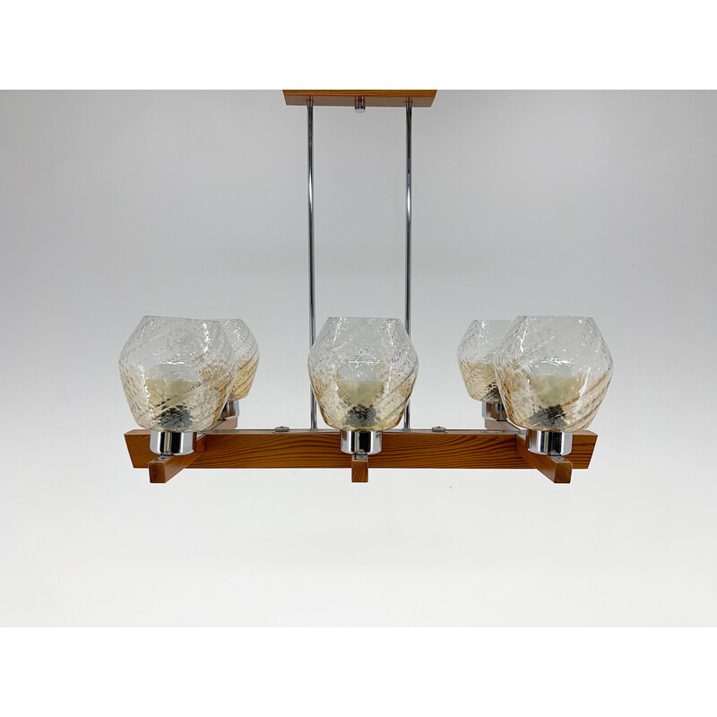 Lampadario vintage in legno, cromo e vetro di Elektroinstala Decin, anni '70