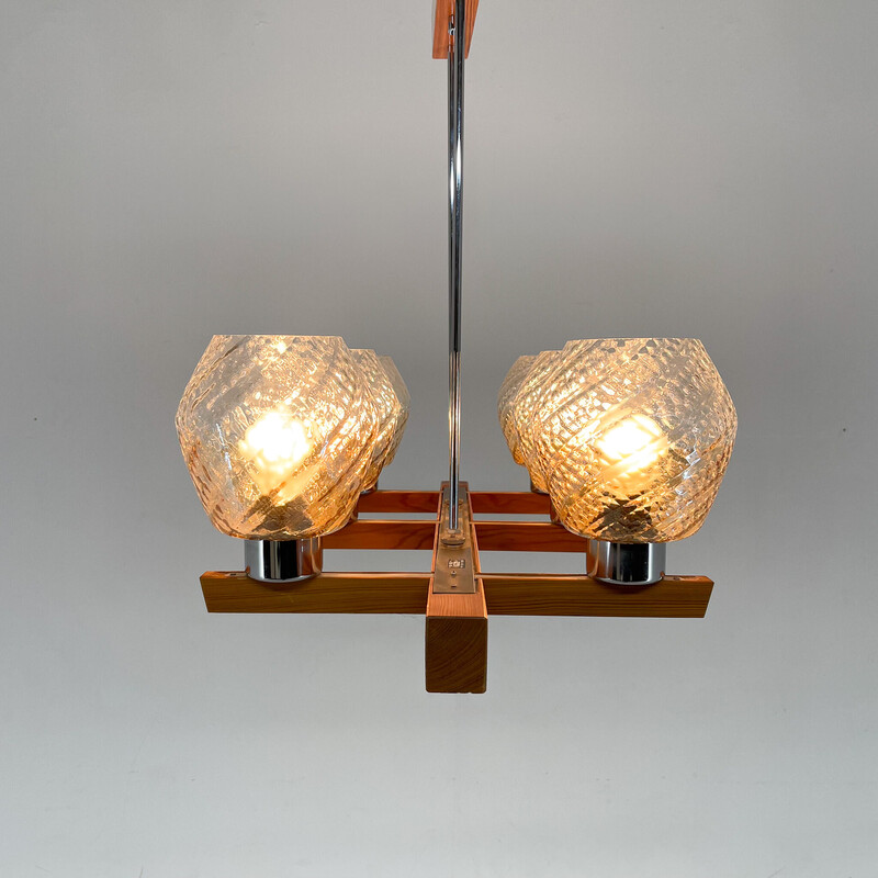 Lustre vintage en bois, chrome et verre par Elektroinstala Decin, 1970