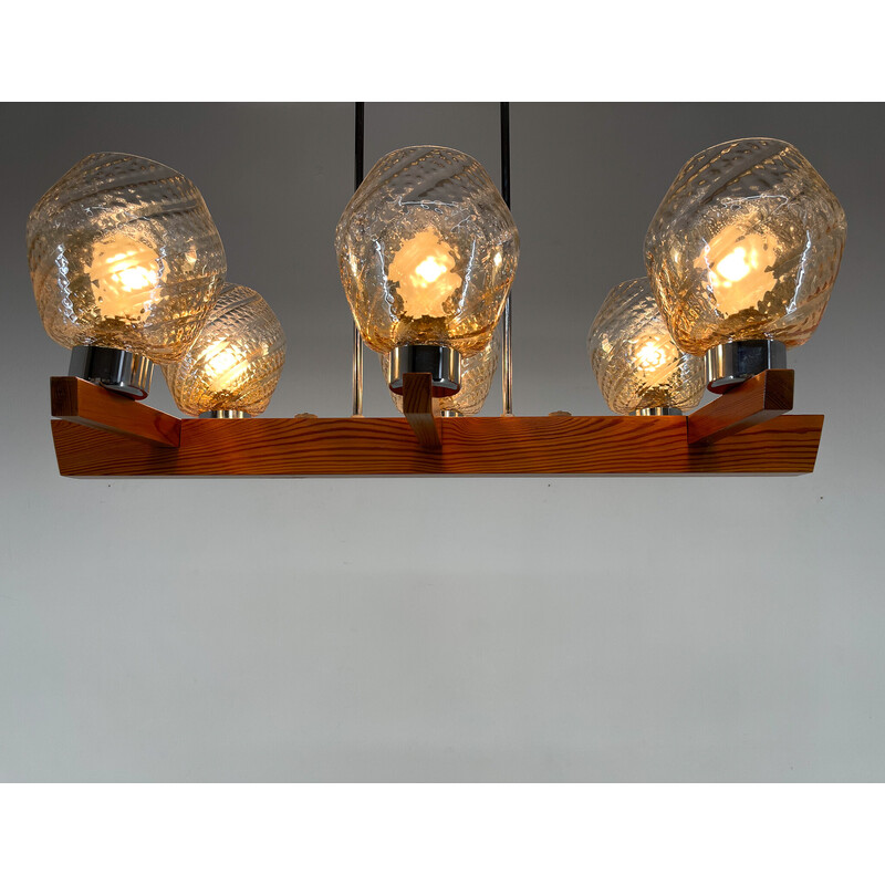 Lustre vintage en bois, chrome et verre par Elektroinstala Decin, 1970