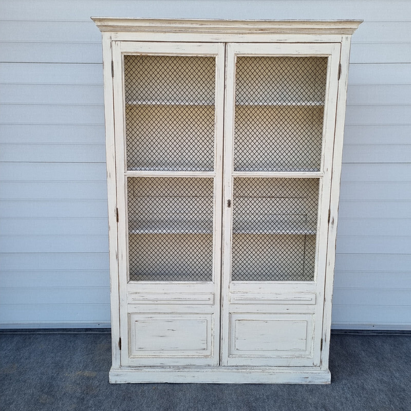 Vintage patina bookcase with wire doors, 1930