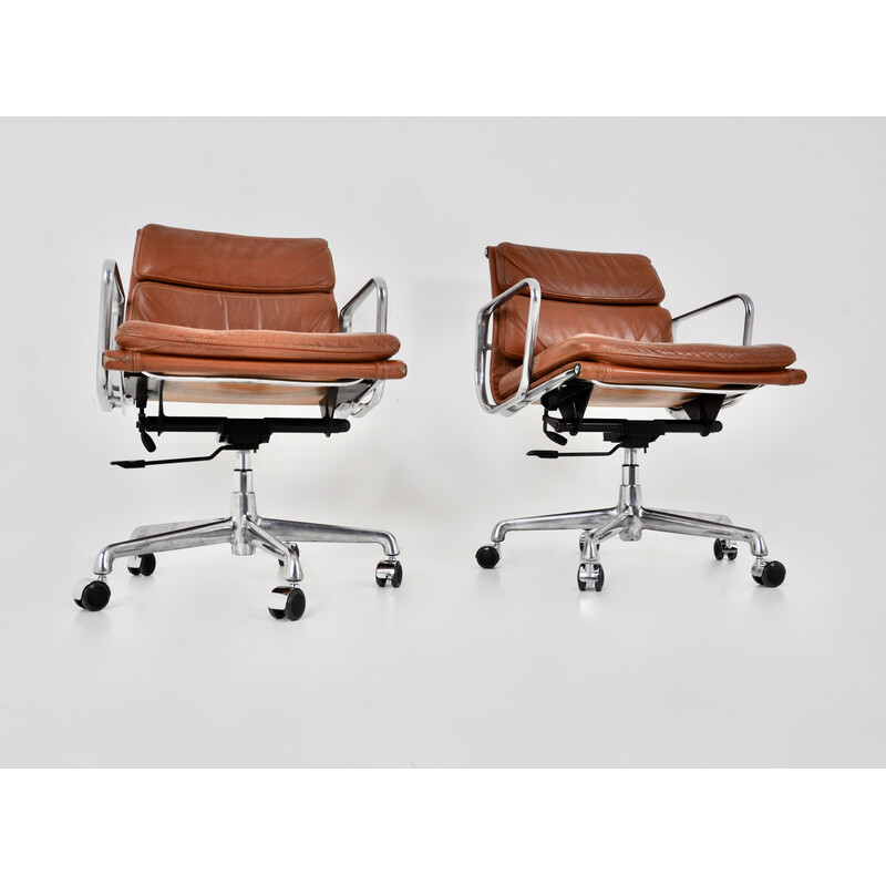 Pair of vintage Soft Pad chairs in cognac leather by Charles and Ray Eames for Icf, 1970