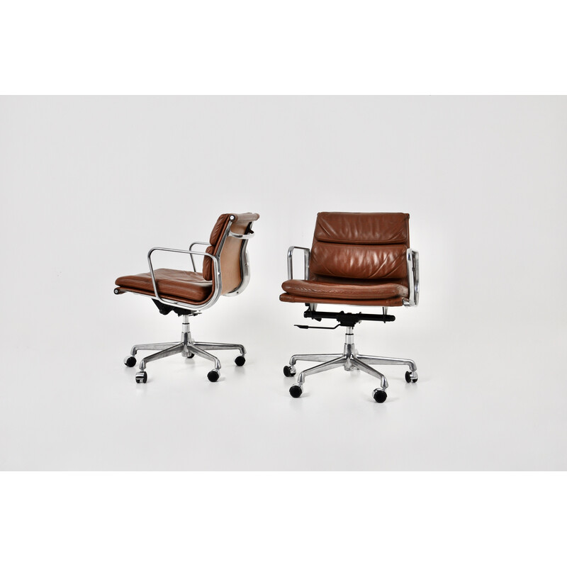 Pair of vintage Soft Pad chairs in cognac leather by Charles and Ray Eames for Icf, 1970