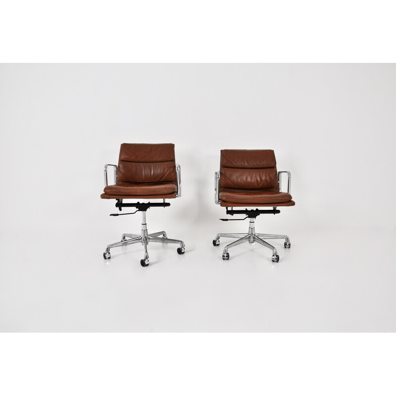 Pair of vintage Soft Pad chairs in cognac leather by Charles and Ray Eames for Icf, 1970