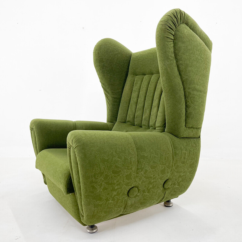 Sillón orejero de mediados de siglo en tela verde, años 60