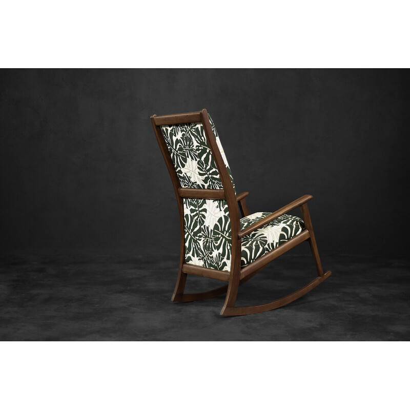 Chaise à bascule danois vintage en bois et tissu à motif de feuilles de Monstera, 1960