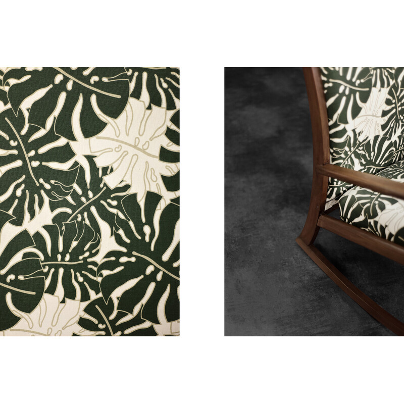 Vintage Danish rocking chair in wood and Monstera leaf pattern fabric, 1960s