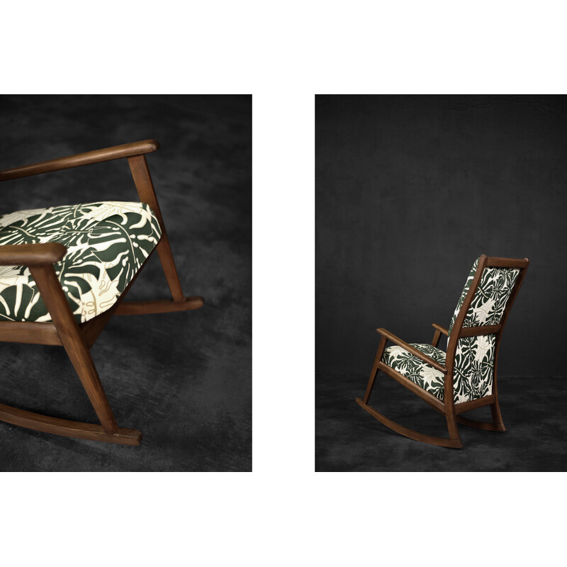 Chaise à bascule danois vintage en bois et tissu à motif de feuilles de Monstera, 1960