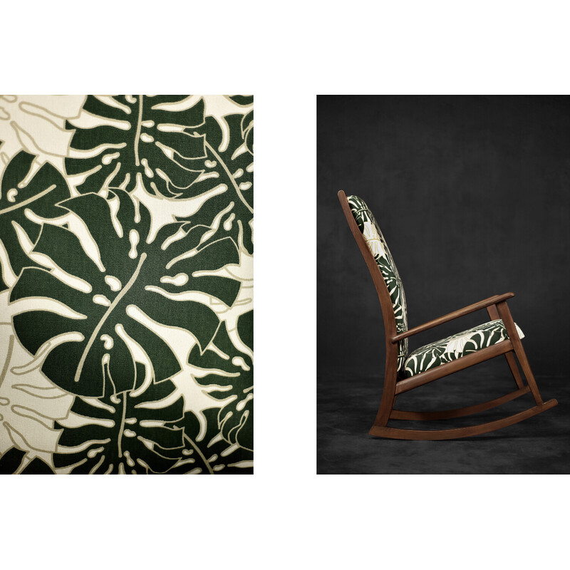Vintage Danish rocking chair in wood and Monstera leaf pattern fabric, 1960s