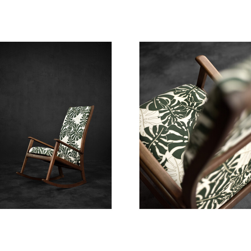 Vintage Danish rocking chair in wood and Monstera leaf pattern fabric, 1960s