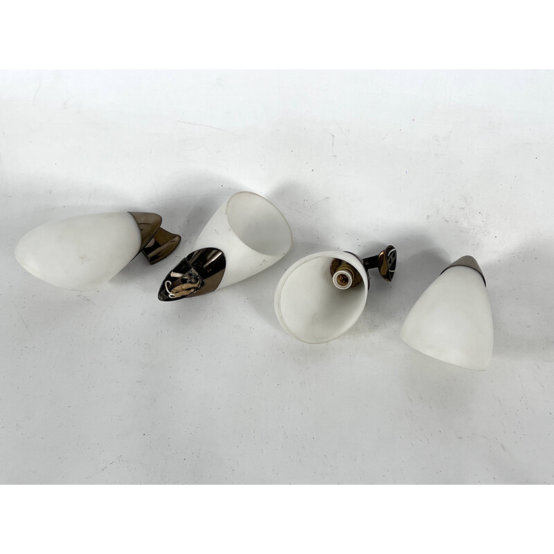 Set of 4 mid-century Italian opaline glass and gilded brass wall lamps, 1950s