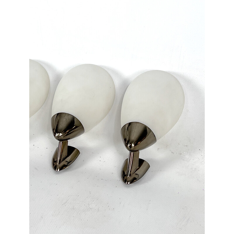 Set of 4 mid-century Italian opaline glass and gilded brass wall lamps, 1950s