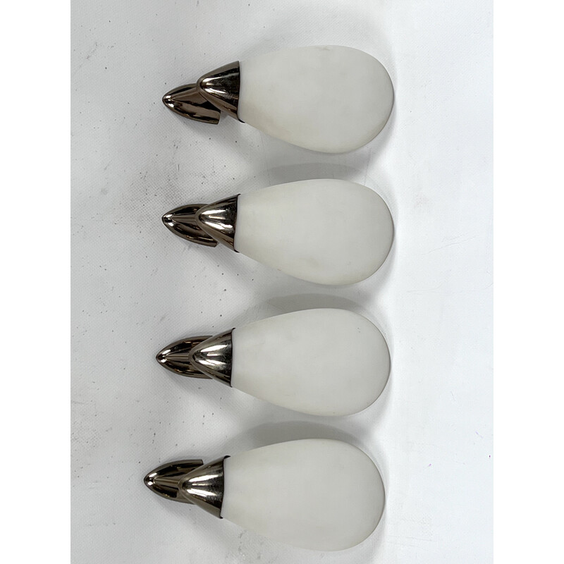 Set of 4 mid-century Italian opaline glass and gilded brass wall lamps, 1950s
