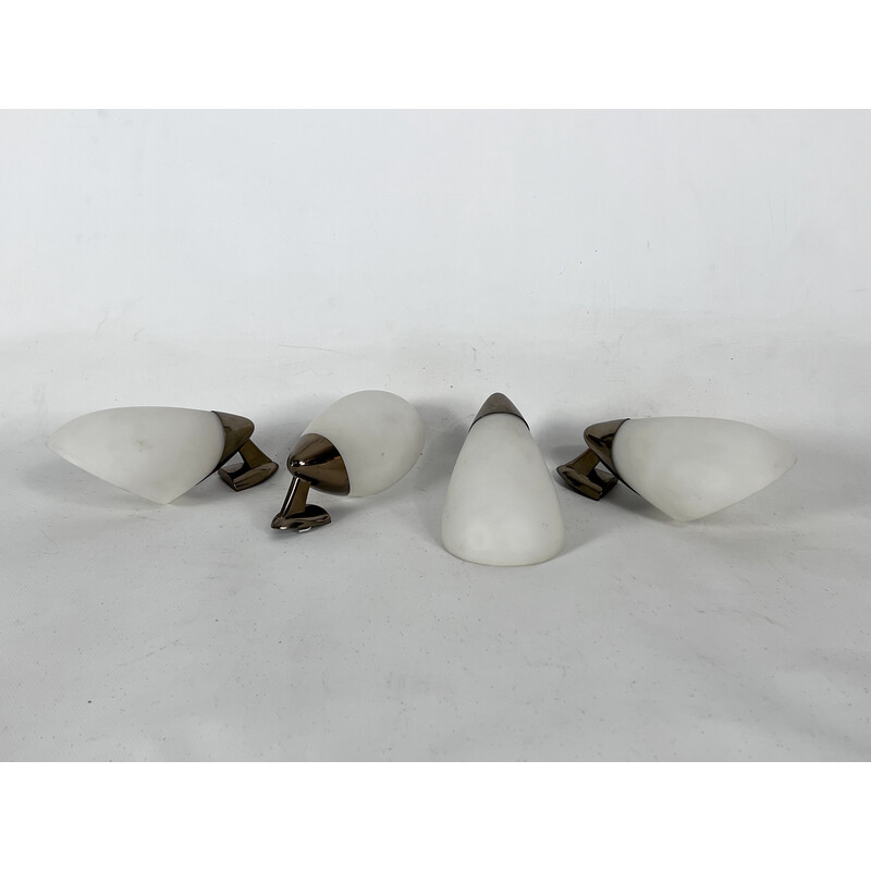 Set of 4 mid-century Italian opaline glass and gilded brass wall lamps, 1950s