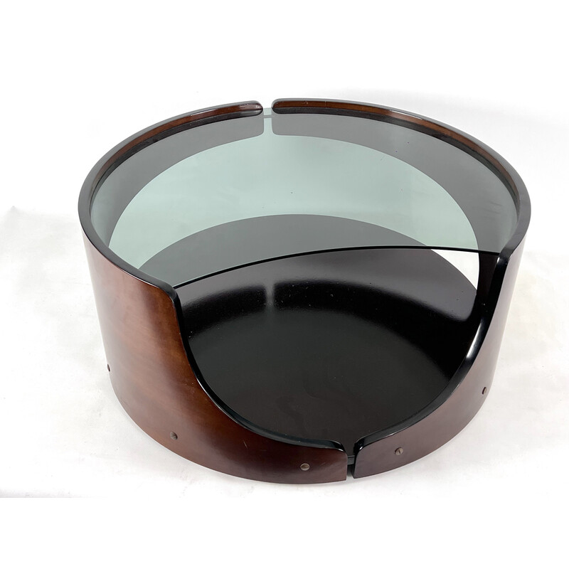 Mid-century wood and smoked glass round coffee table, Italy 1970s