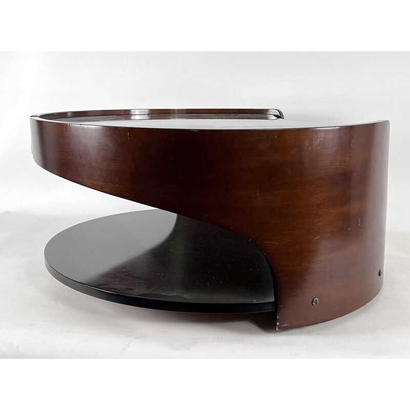 Mid-century wood and smoked glass round coffee table, Italy 1970s