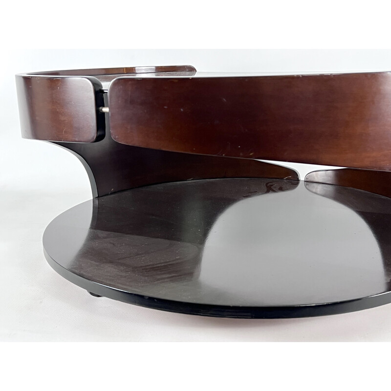 Mid-century wood and smoked glass round coffee table, Italy 1970s