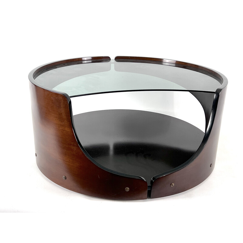 Mid-century wood and smoked glass round coffee table, Italy 1970s