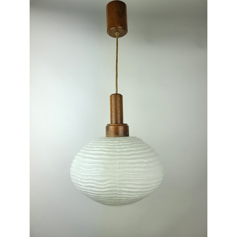 Vintage wooden and glass pendant lamp, 1970s