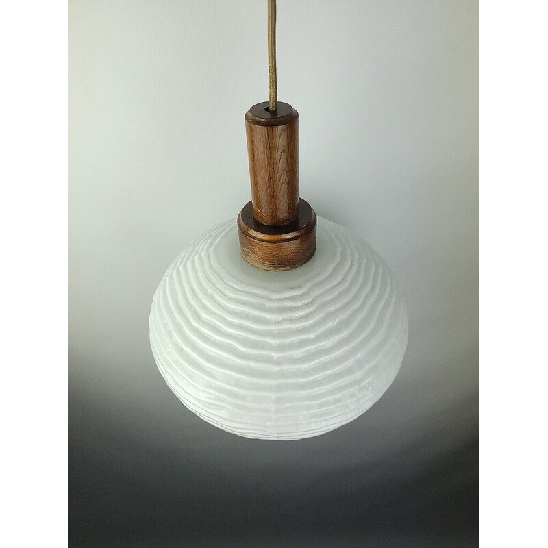 Vintage houten en glazen hanglamp, 1970