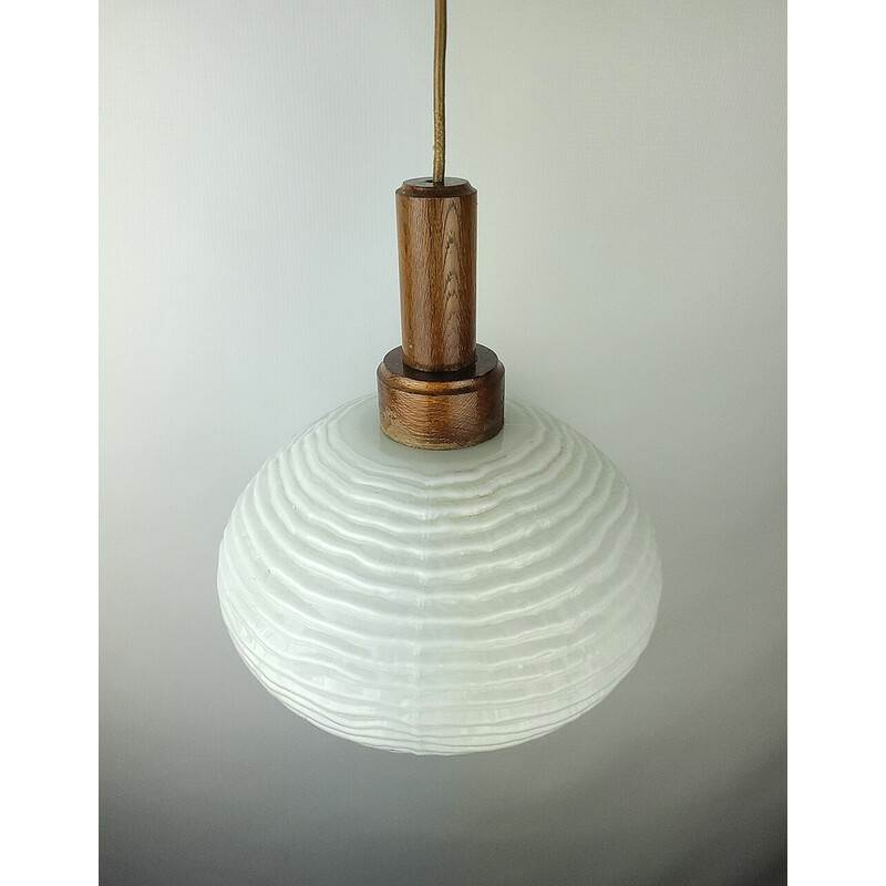 Vintage houten en glazen hanglamp, 1970