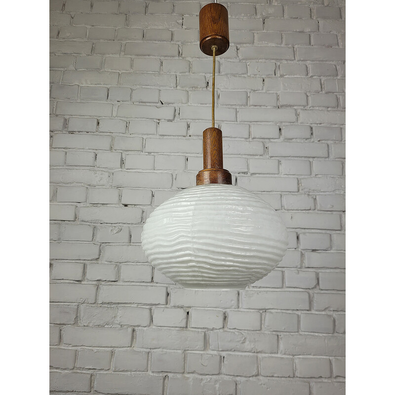 Vintage houten en glazen hanglamp, 1970