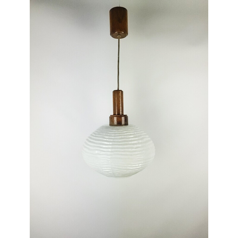 Vintage houten en glazen hanglamp, 1970