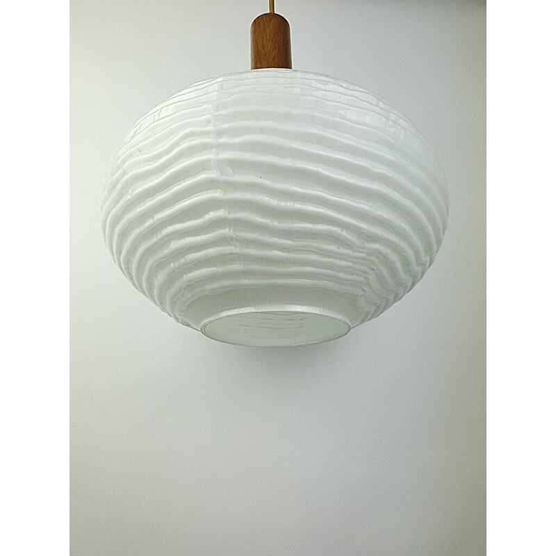 Vintage houten en glazen hanglamp, 1970